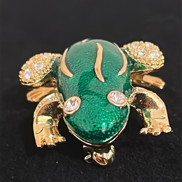 Roman Green Enamel Rhinestone Frog Brooch Pin, Signed - Picture 3 of 13